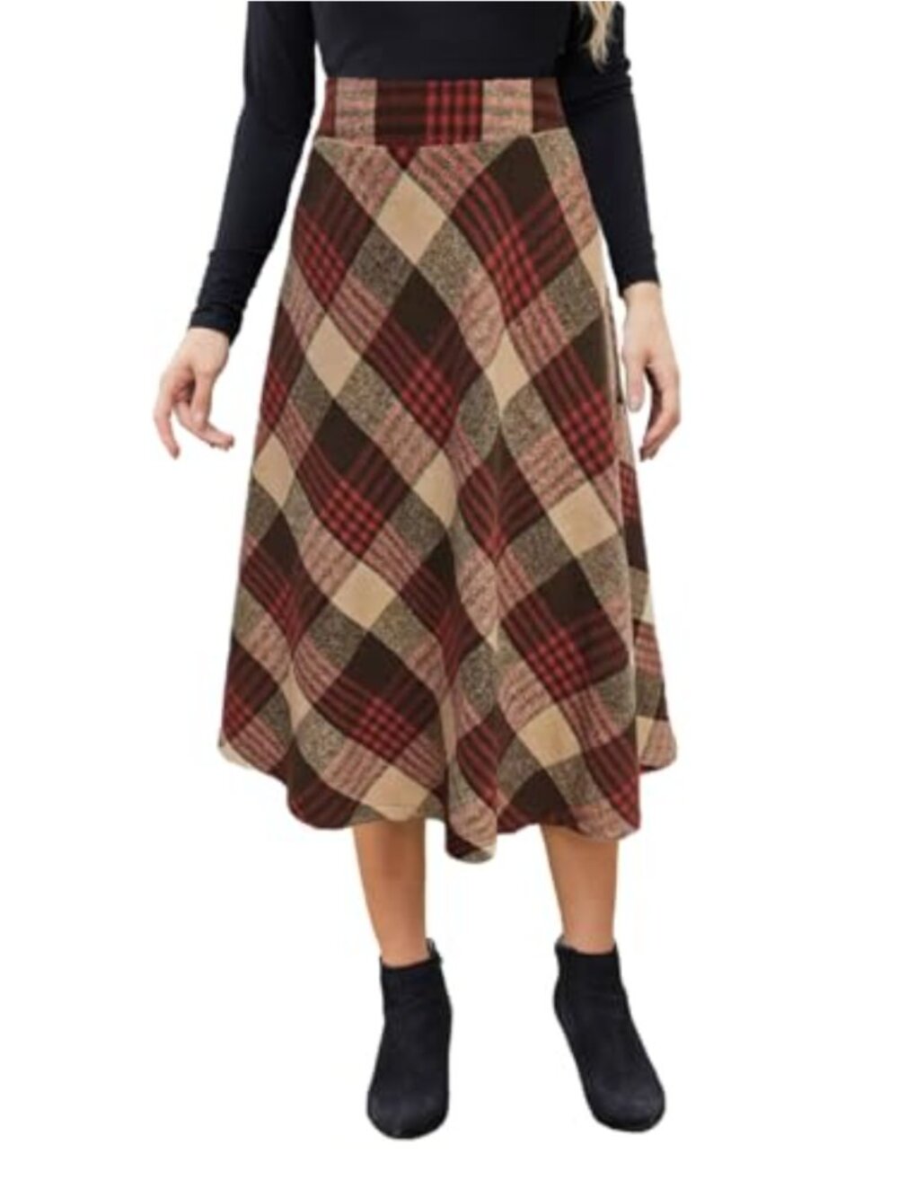 A-Line Midi Skirt High Elastic Waist Flowy Pleated Pockets Winter